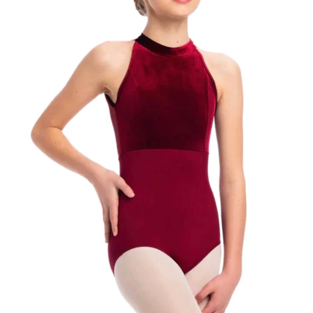 Child Medium Ainsliewear Vera High Neck Burgundy Velvet Leotard Open Mesh Back